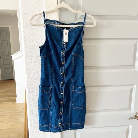 NWT Anthropologie Maeve High Square-Neck Button-Front Denim Mini Dress - Picture 2 of 4
